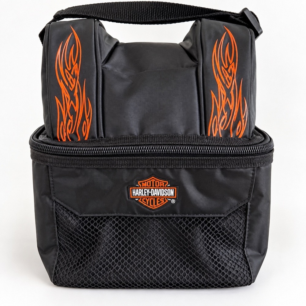 Harley Davidson Insulated Lunch Bag Cooler Black Orange Flames Dual Compartment